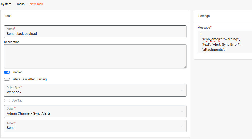 Create Slack webhook task